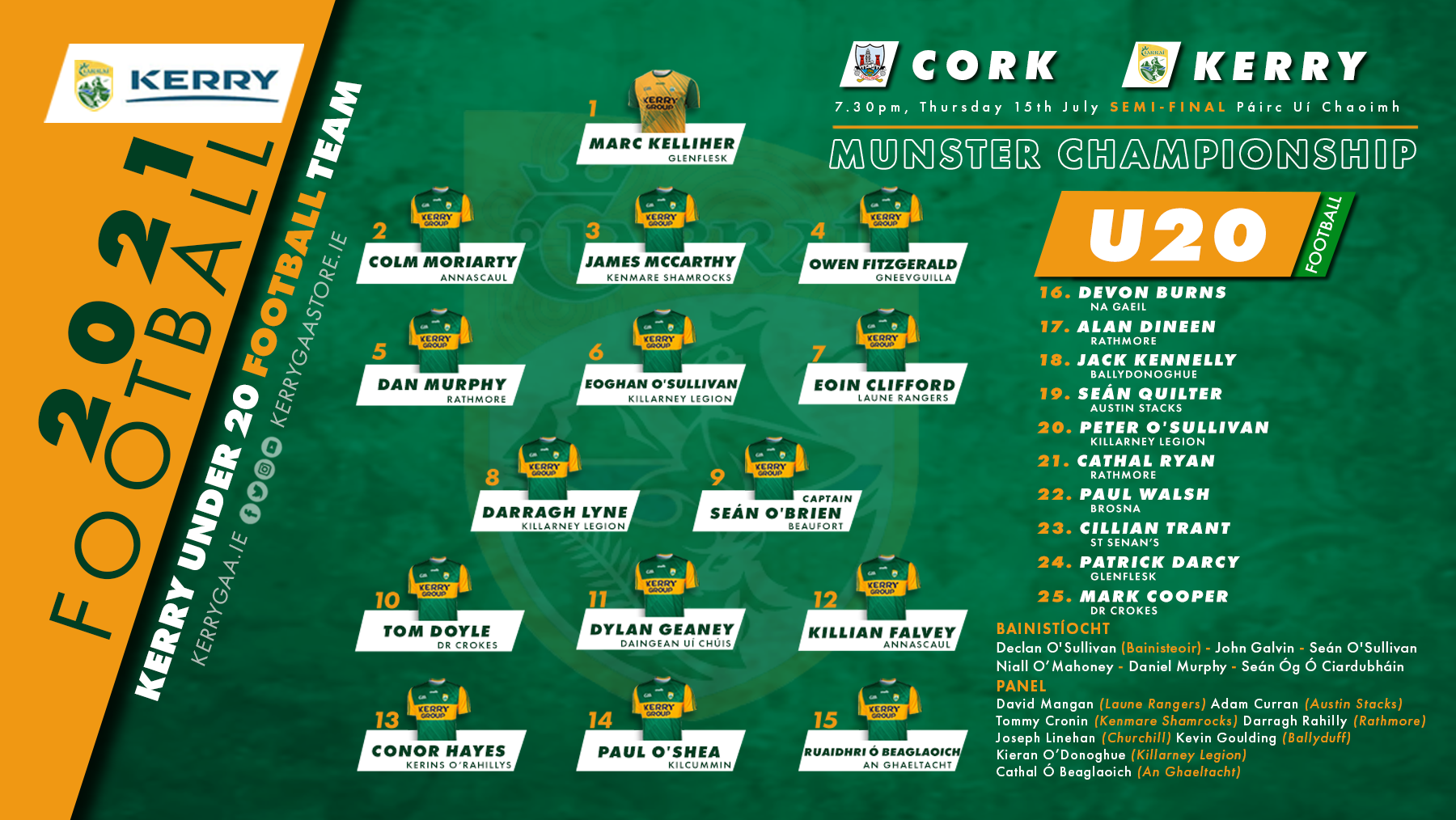 Team Announcement: Kerry vs Cork – EirGrid Munster U20 Football Championship Semi-Final