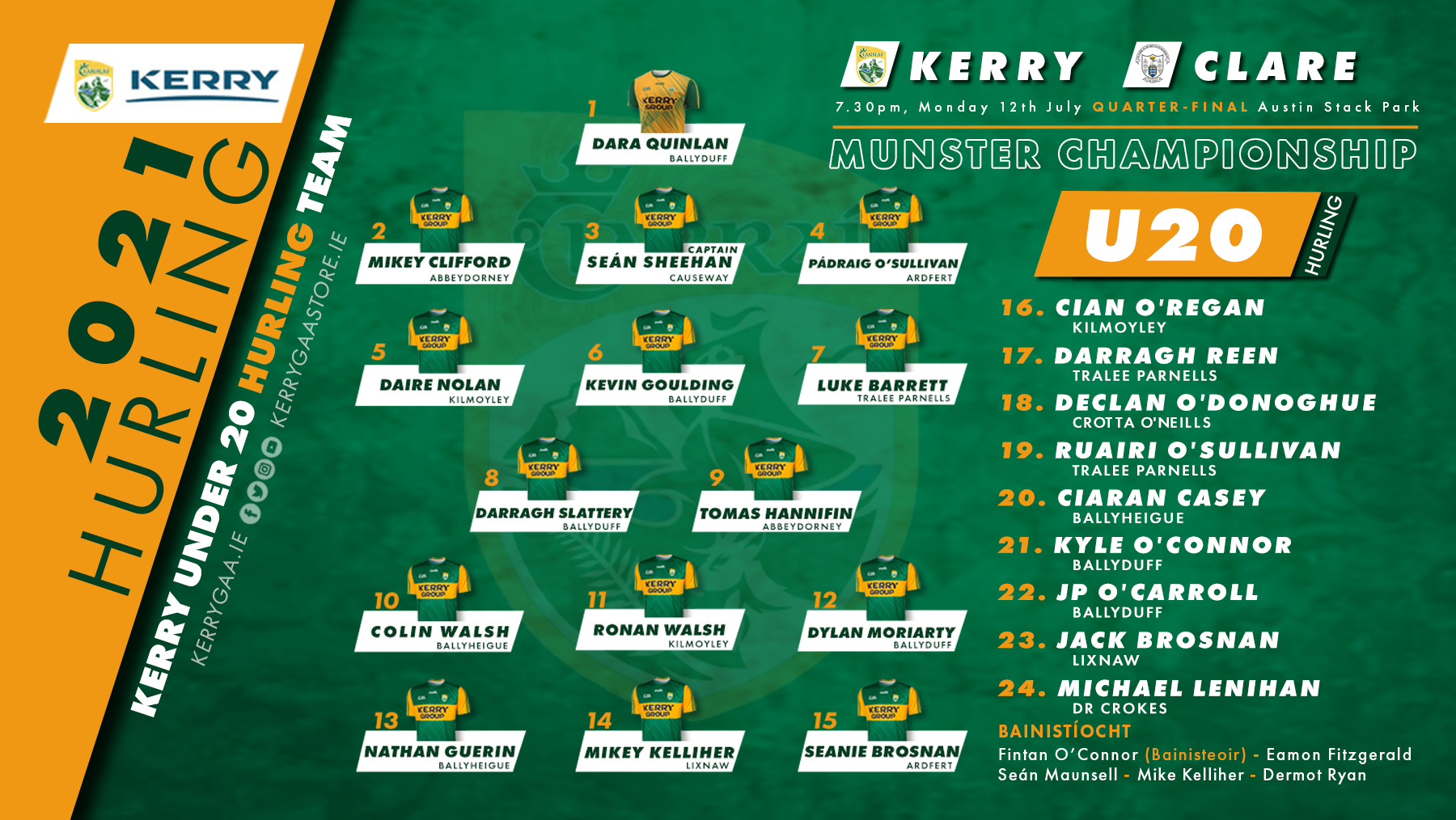 Team Announcement: Kerry vs Clare – Munster U20 Hurling Quarter-Final
