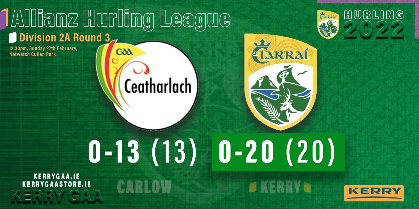 A win on the road for Kerry Hurlers over Carlow