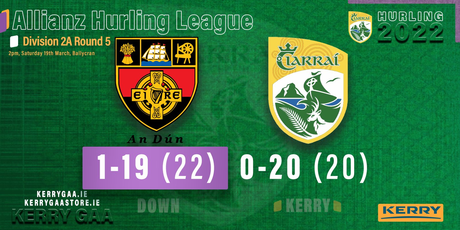 Kerry Hurlers to play Westmeath in AHL Div 2A Semi-Final after loss to Down